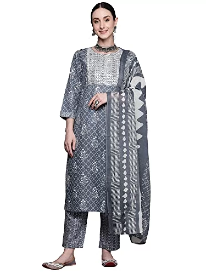 Indo era women’s cotton embroidery kurta set with dupatta