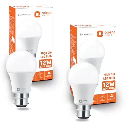 Orient Electric 12W LED Bulb: 180° Wide Beam, Surge Protection, Cool White, B22d Base, Pack of 2