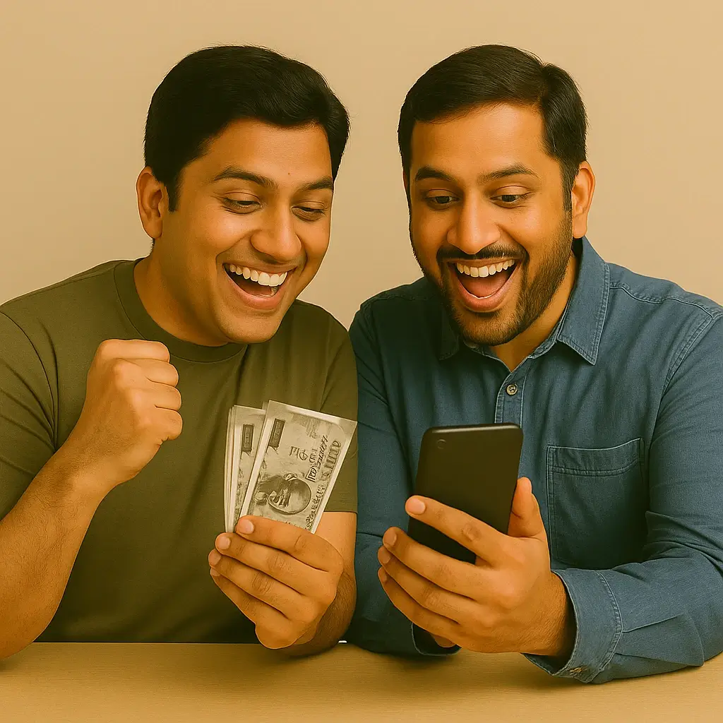 About 7 Two excited Indian men smiling while checking a smartphone, one holding Indian currency notes, celebrating cashback or reward earnings online