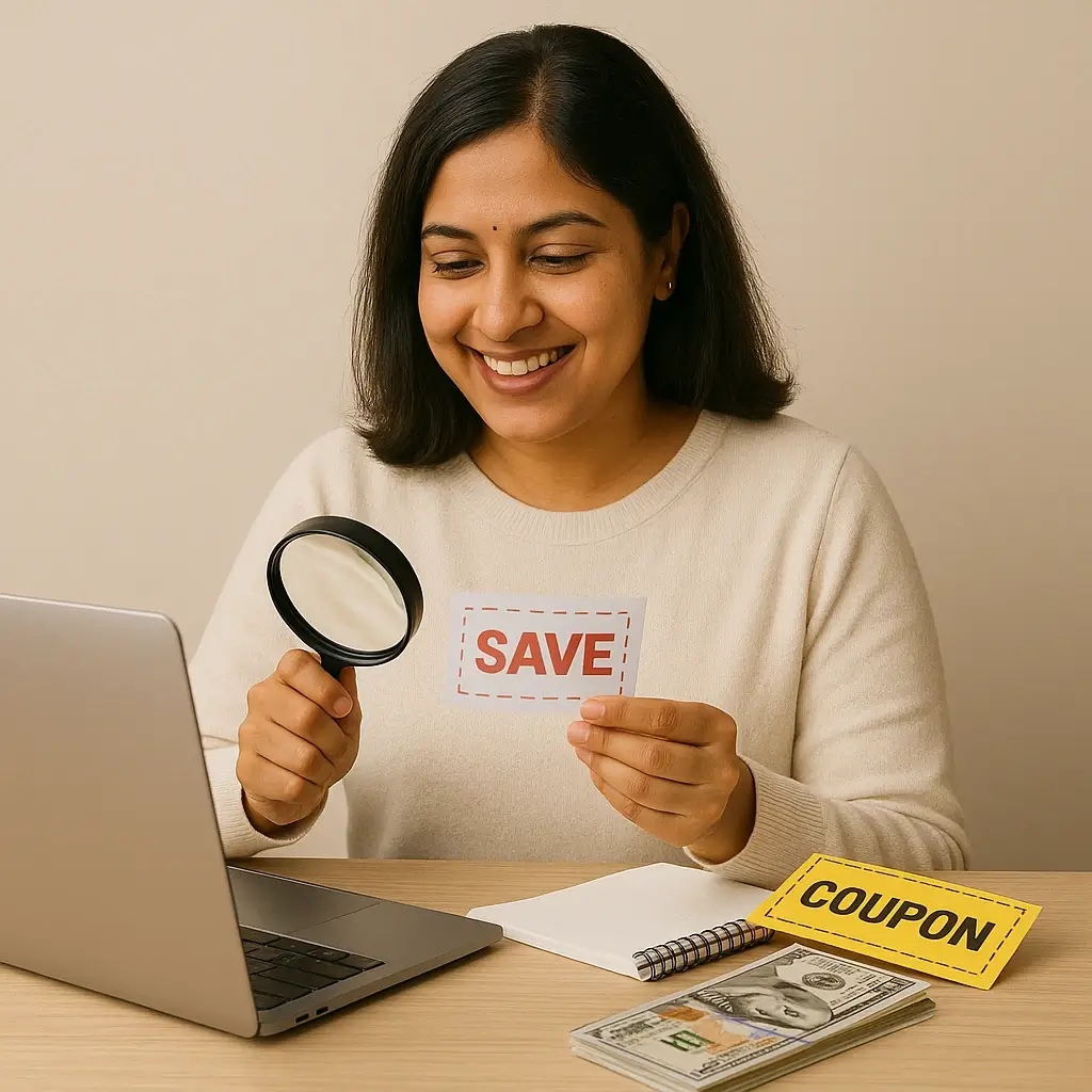 About 2 Smiling Indian woman holding a "SAVE" coupon and magnifying glass while browsing deals on a laptop, with cash and a notebook on the desk