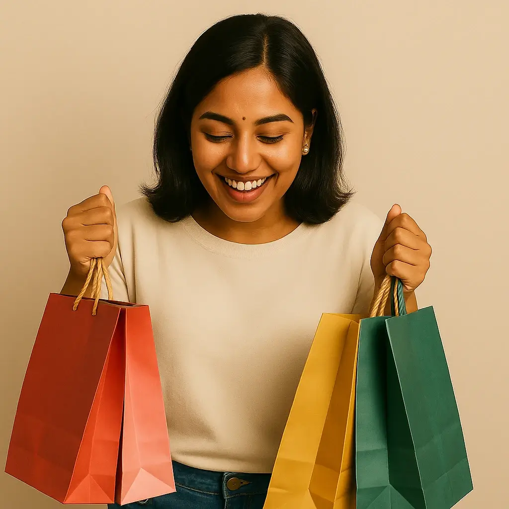 About 1 Joyful Indian woman holding colorful shopping bags and smiling after a satisfying shopping experience