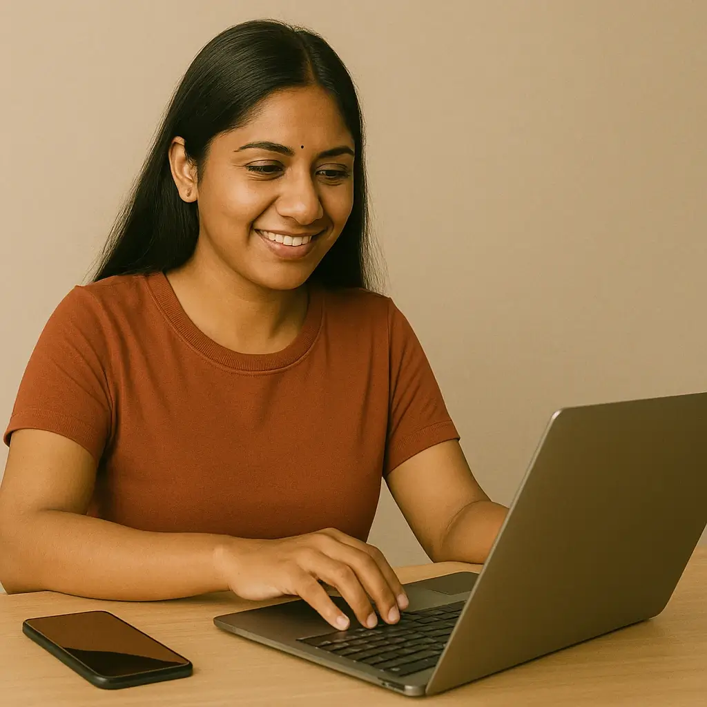 About 3 Happy Indian woman browsing or shopping online using a laptop, with a smartphone placed beside her on the desk