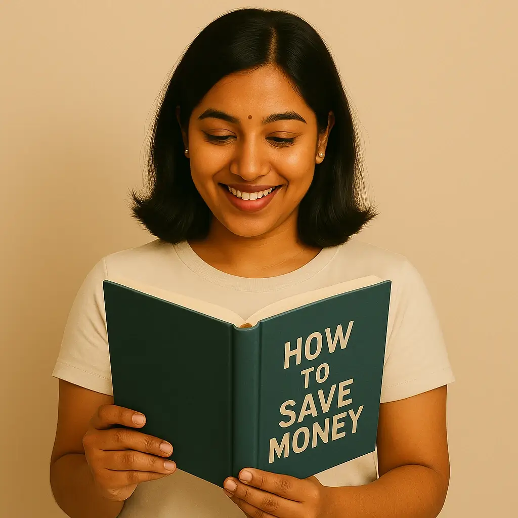About 6 Smiling Indian woman reading a book titled "How to Save Money," learning about personal finance and budgeting