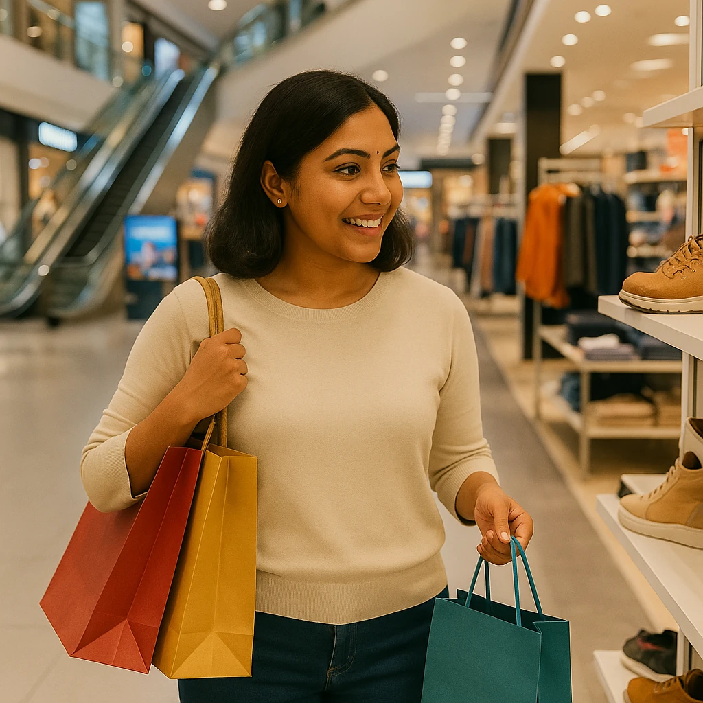 About 4 Smiling Indian woman holding red, yellow, and blue shopping bags while browsing shoes in a modern shopping mall