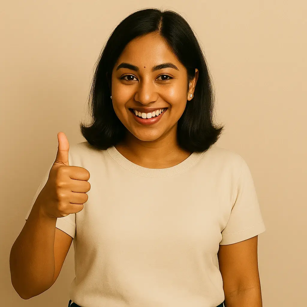 Cheerful Indian woman smiling and giving a thumbs up sign, expressing positivity and approval
