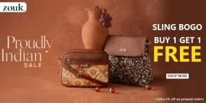 Zouk Proudly Indian Sale banner showing two sling bags on a brown background with a clay pot and grapes. Text reads “Sling BOGO – Buy 1 Get 1 Free” with an extra 5% off on prepaid orders.