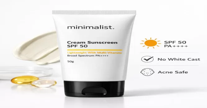 Explore the minimalist sunscreen deal on Amazon India for Minimalist Cream Sunscreen SPF 50 Lightweight With Multi-Vitamins 50g with broad spectrum protection.