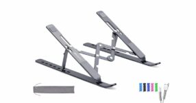 MegaStro adjustable aluminum laptop stand with foldable design, multiple angle positions, pouch, and cable protectors.
