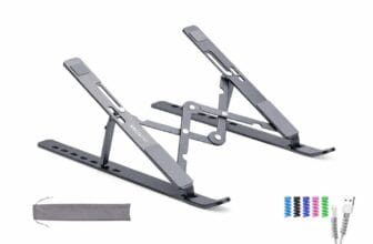 MegaStro adjustable aluminum laptop stand with foldable design, multiple angle positions, pouch, and cable protectors.