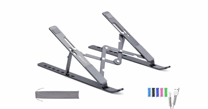 MegaStro adjustable aluminum laptop stand with foldable design, multiple angle positions, pouch, and cable protectors.