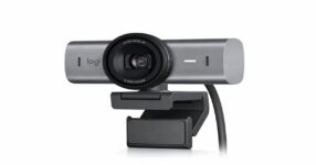 The Logitech MX Brio Ultra HD 4K streaming webcam in graphite with an ultra-wide lens and adjustable monitor mount clip.