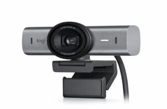 The Logitech MX Brio Ultra HD 4K streaming webcam in graphite with an ultra-wide lens and adjustable monitor mount clip.