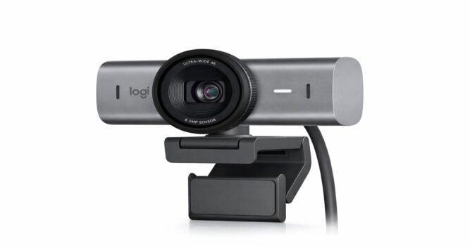 The Logitech MX Brio Ultra HD 4K streaming webcam in graphite with an ultra-wide lens and adjustable monitor mount clip.