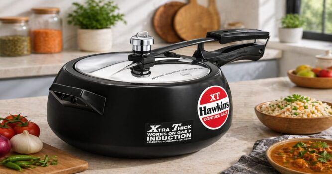 Modern kitchen with a black pressure cooker