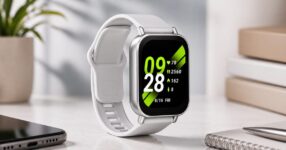 Sleek smartwatch on minimalist desk setup