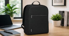 Modern desk with Lenovo backpack