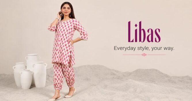 Woman wearing a pink printed pure cotton Libas co-ord set with matching pants in a neutral studio background.