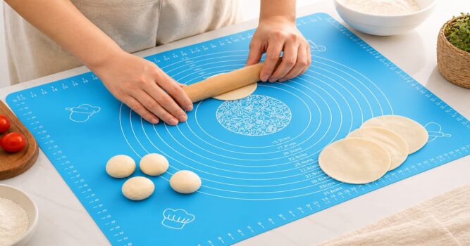 Rolling dough on a bright countertop