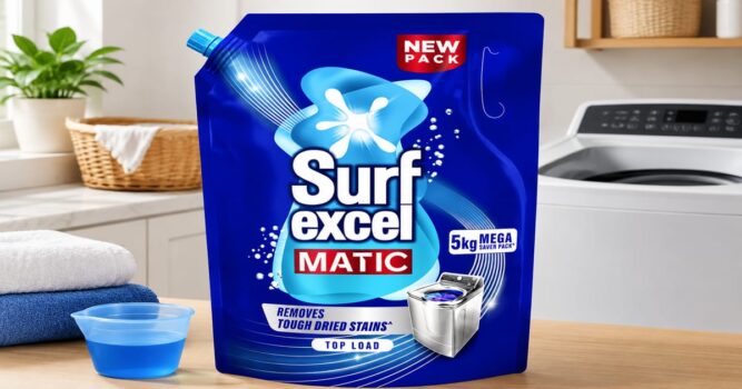 Surf Excel detergent in bright laundry room