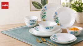 Cozy dining table with floral dinnerware.