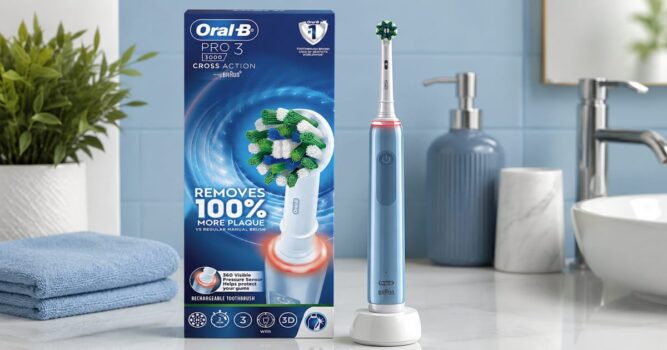 Modern bathroom countertop scene with electric toothbrush